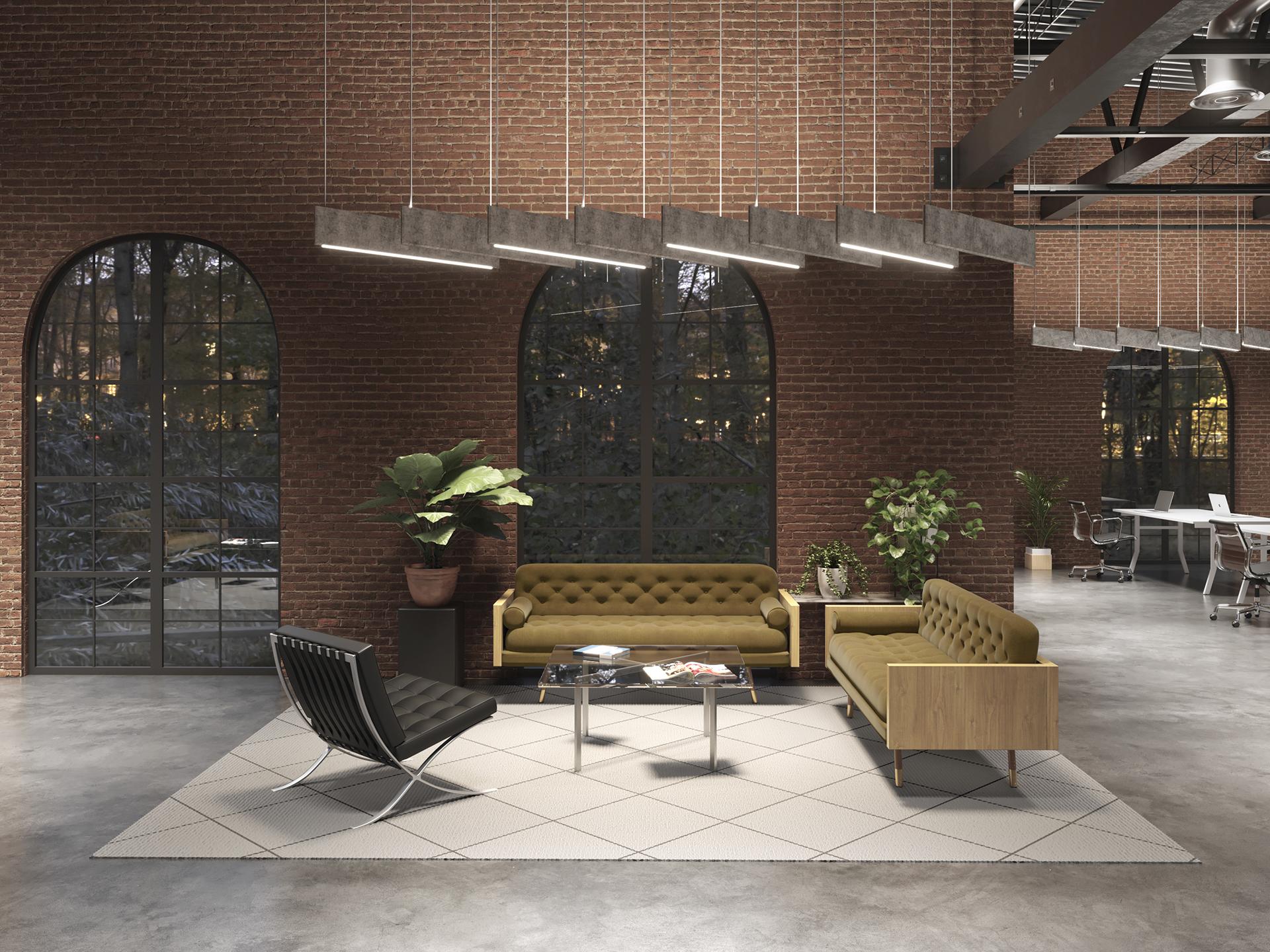 Modern workplace interior with refined lighting and collaborative spaces