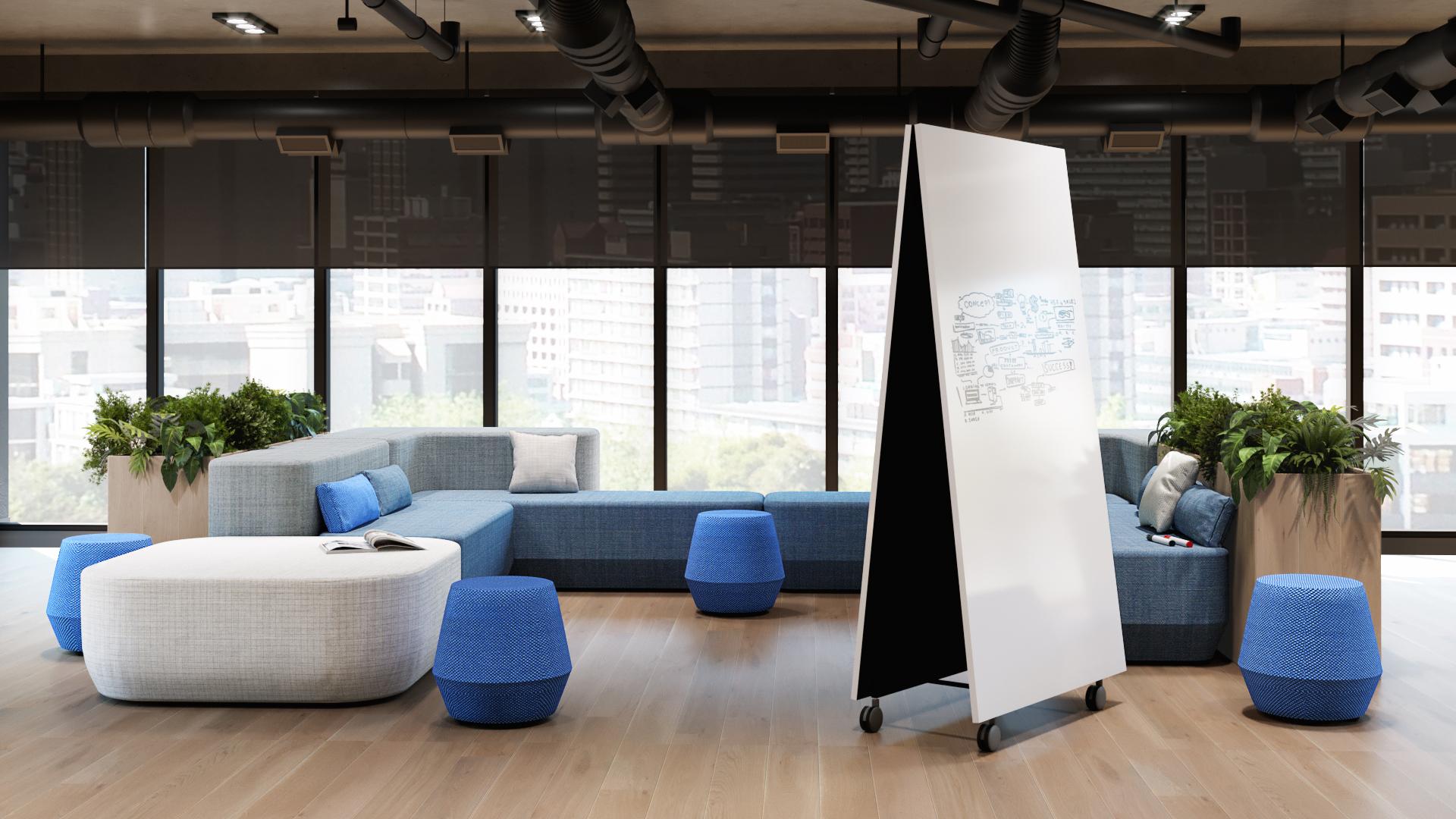 Modern corporate workspace with collaborative seating and breakout areas
