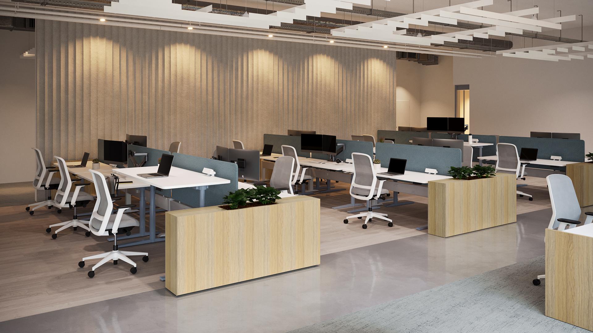 Modern corporate workspace with collaborative seating and breakout areas