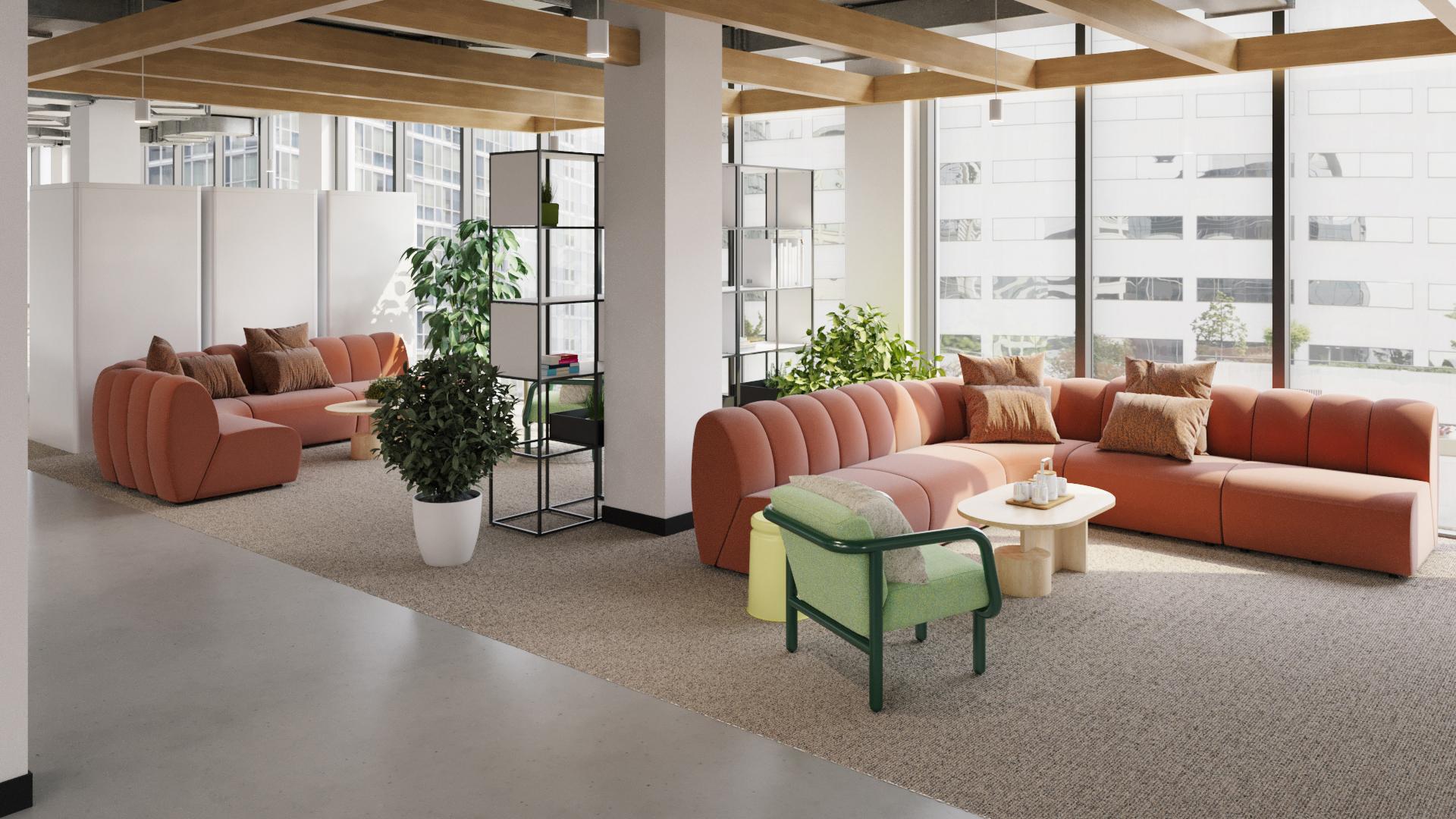 Modern corporate workspace with collaborative seating and breakout areas