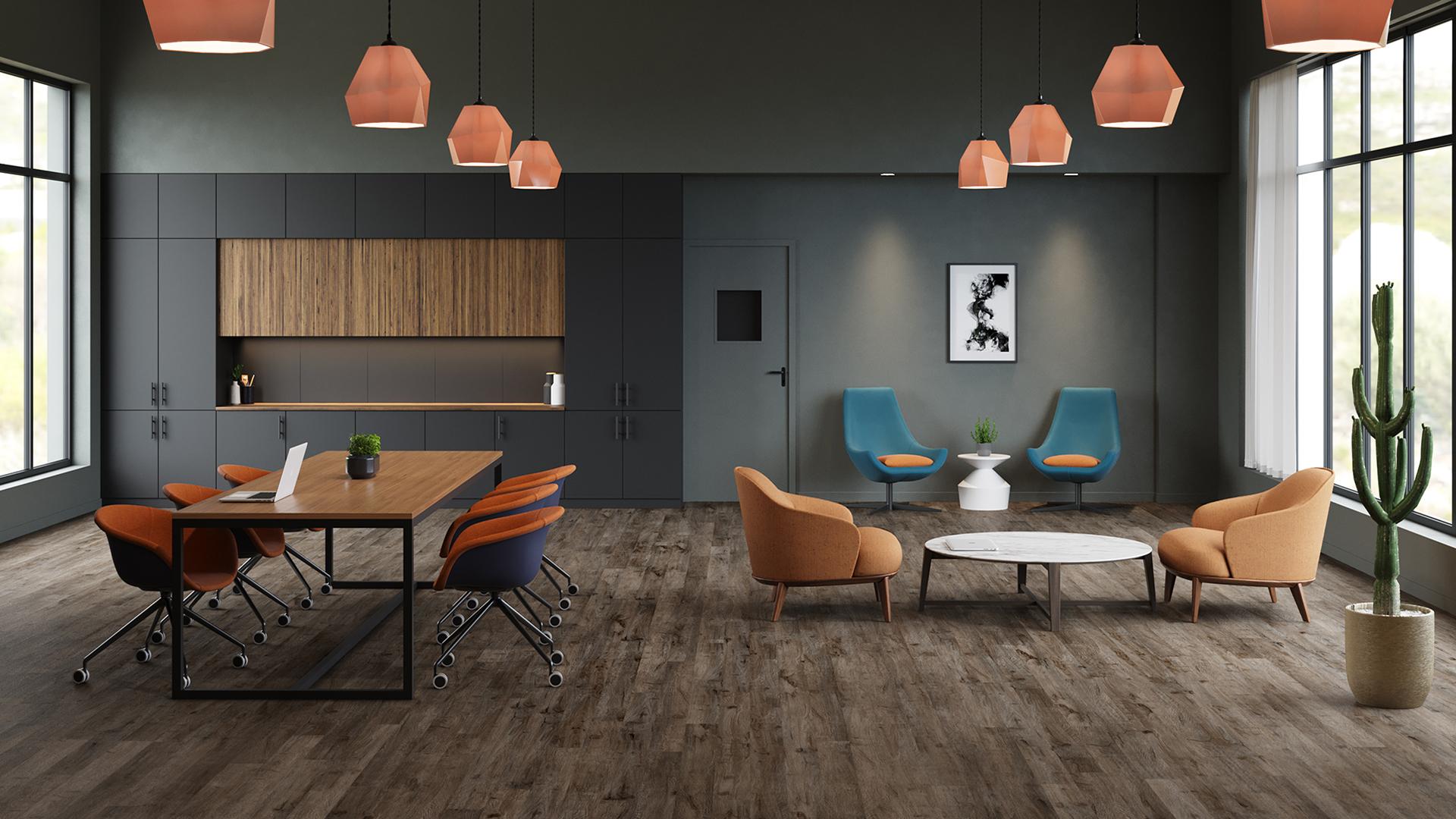 Modern corporate workspace with collaborative seating and breakout areas