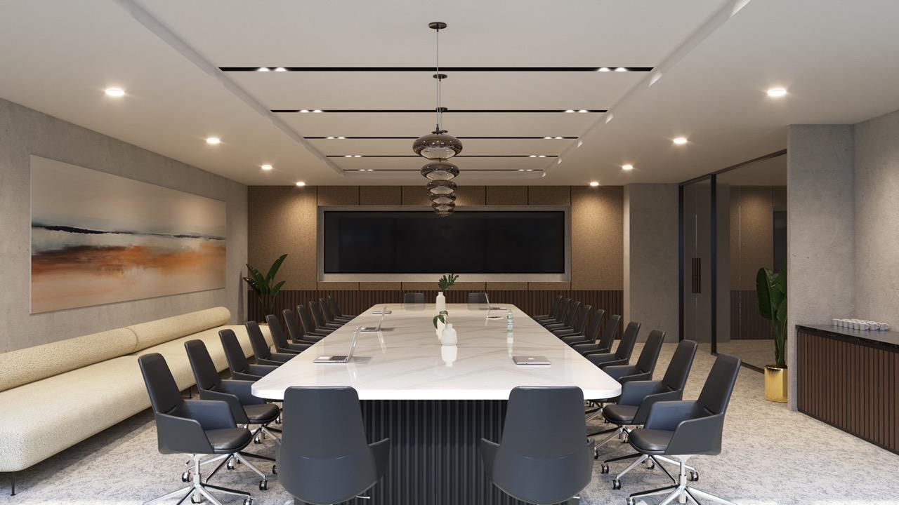 Modern corporate workspace with collaborative seating and breakout areas