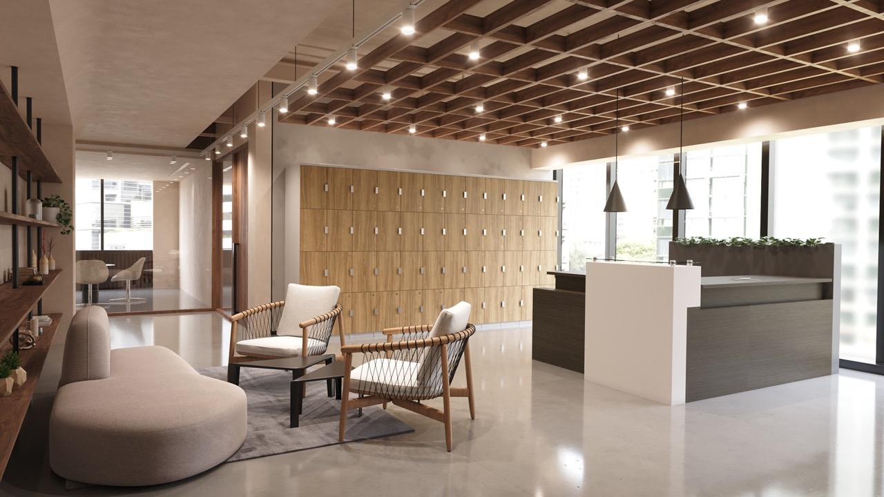 Modern corporate workspace with collaborative seating and breakout areas